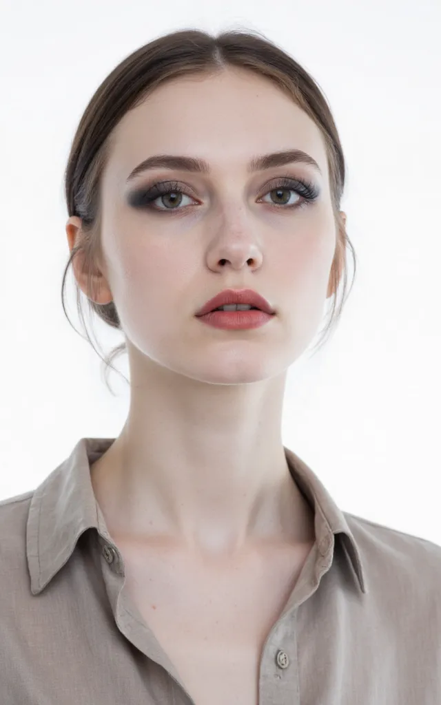 A French female model with a Gothic makeup style, wearing a shirt, against a white background, in a front   facing bust portrait